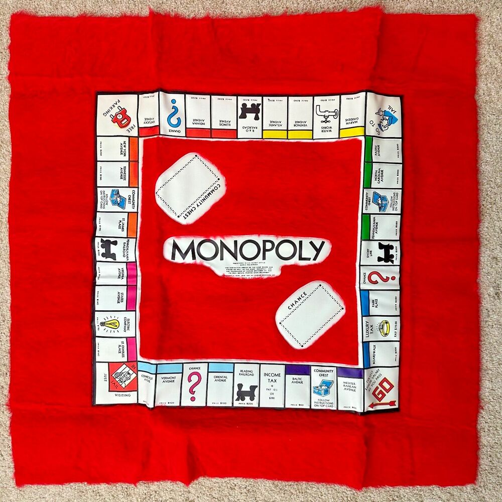 Vtg in bag Itemation Parker Brothers 30x30in Red Fuzzy Monopoly Rug Board Game